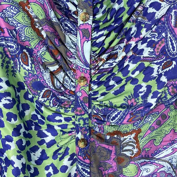 Free People Bianca Printed Blouse Long Sleeve Button Up Jade Combo Size Medium - Picture 3 of 11